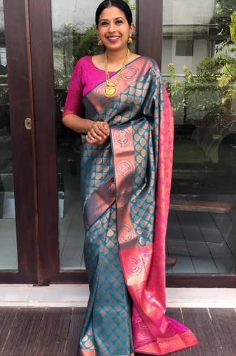 Turquoise soft silk blend banarasi jacuard work designer party wear saree with unstitched blouse piece