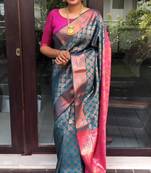 Turquoise silk blend banarasi saree with unstitched blouse piece