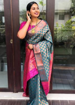 Turquoise silk blend banarasi saree with unstitched blouse piece 2