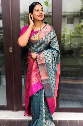 Turquoise silk blend banarasi saree with unstitched blouse piece