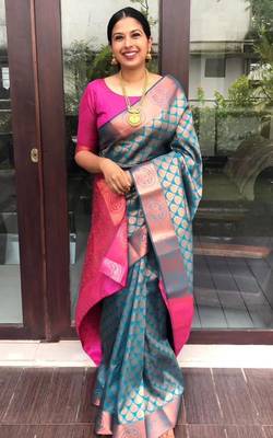 Turquoise silk blend banarasi saree with unstitched blouse piece 3