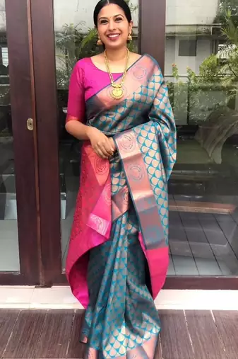 Turquoise silk blend banarasi saree with unstitched blouse piece