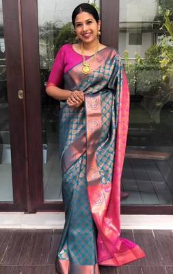 Turquoise silk blend banarasi saree with unstitched blouse piece 4