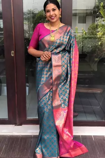 Turquoise silk blend banarasi saree with unstitched blouse piece