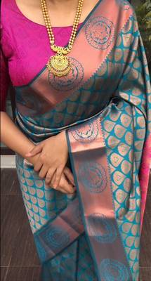 Turquoise silk blend banarasi saree with unstitched blouse piece 5