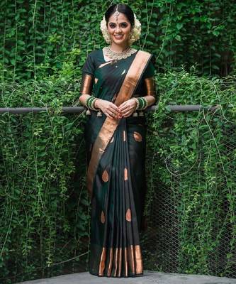 Green silk blend banarasi saree with unstitched blouse piece 1