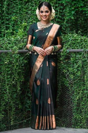 Green soft silk blend banarasi jacuard work designer party wear saree with unstitched blouse piece