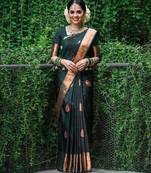 Green silk blend banarasi saree with unstitched blouse piece