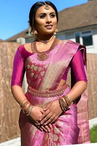 Pink soft silk blend banarasi jacuard work designer party wear saree with unstitched blouse piece