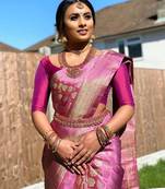 Pink silk blend banarasi saree with unstitched blouse piece