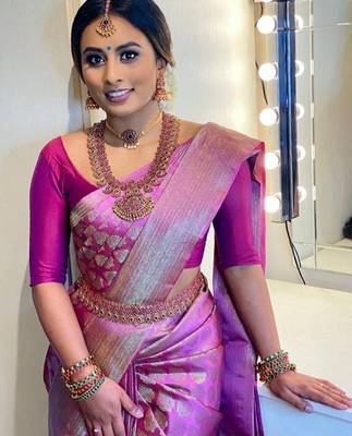 Pink silk blend banarasi saree with unstitched blouse piece 2