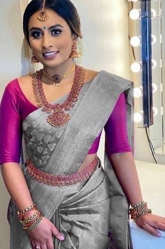 Grey soft silk blend banarasi jacuard work designer party wear saree with unstitched blouse piece