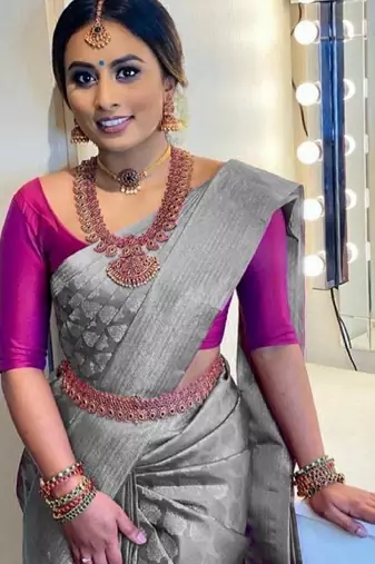 Grey soft silk blend banarasi jacuard work designer party wear saree with unstitched blouse piece