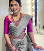 Grey soft silk blend banarasi jacuard work designer party wear saree with unstitched blouse piece