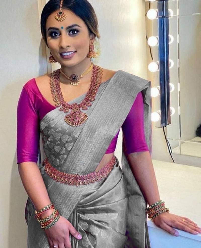 Grey soft silk blend banarasi jacuard work designer party wear saree with unstitched blouse piece