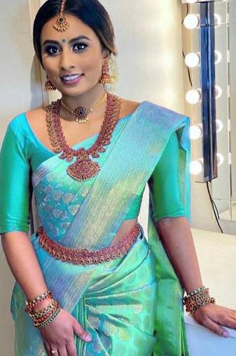 Sky blue soft silk blend banarasi jacuard work designer party wear saree with unstitched blouse piece