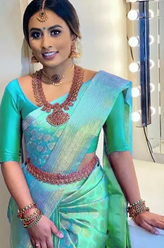 Sky blue soft silk blend banarasi jacuard work designer party wear saree with unstitched blouse piece