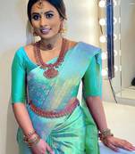 Sky blue silk blend banarasi saree with unstitched blouse piece