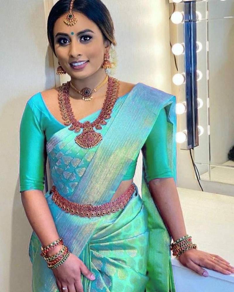 Sky blue soft silk blend banarasi jacuard work designer party wear saree with unstitched blouse piece