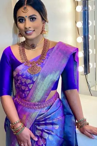 Blue soft silk blend banarasi jacuard work designer party wear saree with unstitched blouse piece