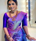 Blue soft silk blend banarasi jacuard work designer party wear saree with unstitched blouse piece