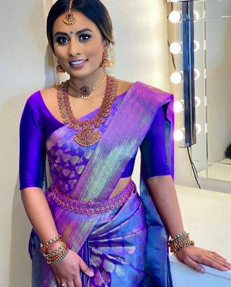 Blue soft silk blend banarasi jacuard work designer party wear saree with unstitched blouse piece