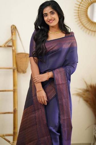 Blue soft silk blend banarasi jacuard work designer party wear saree with unstitched blouse piece