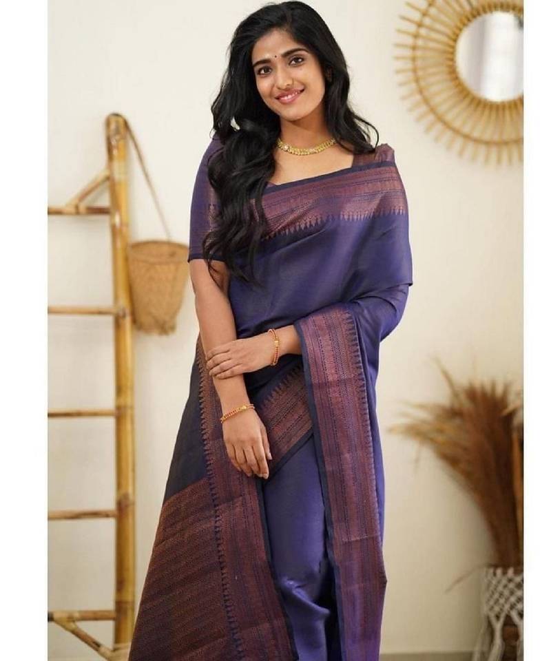 Blue soft silk blend banarasi jacuard work designer party wear saree with unstitched blouse piece