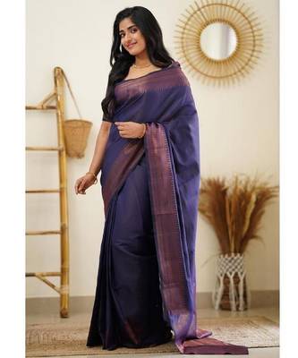Blue silk blend banarasi saree with unstitched blouse piece 2