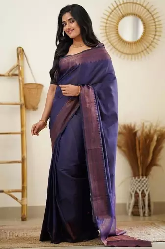Blue silk blend banarasi saree with unstitched blouse piece