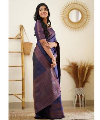 Blue silk blend banarasi saree with unstitched blouse piece 3