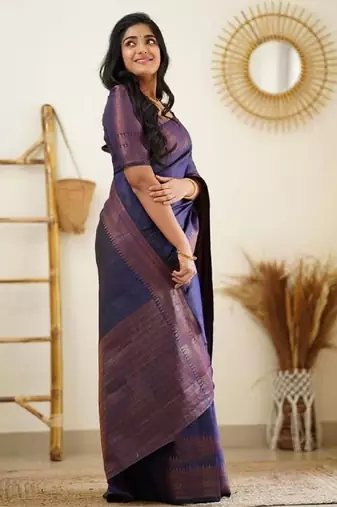 Blue silk blend banarasi saree with unstitched blouse piece