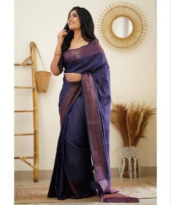 Blue silk blend banarasi saree with unstitched blouse piece 4