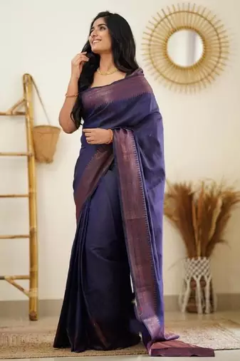 Blue silk blend banarasi saree with unstitched blouse piece