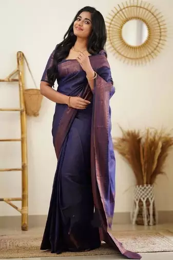 Blue silk blend banarasi saree with unstitched blouse piece