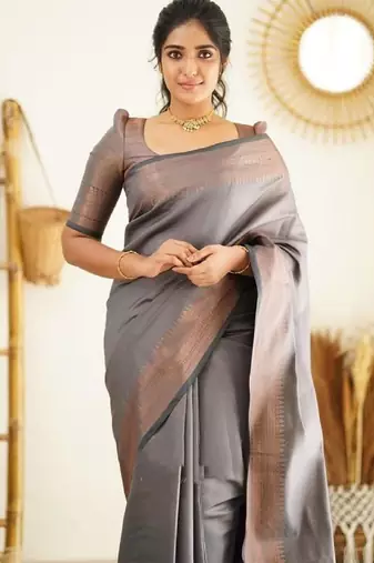 Grey soft silk blend banarasi jacuard work designer party wear saree with unstitched blouse piece