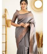 Grey silk blend banarasi saree with unstitched blouse piece