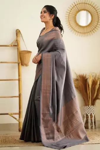 Grey silk blend banarasi saree with unstitched blouse piece