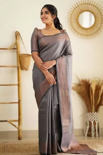 Grey silk blend banarasi saree with unstitched blouse piece