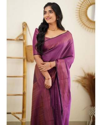 Wine silk blend banarasi saree with unstitched blouse piece 1