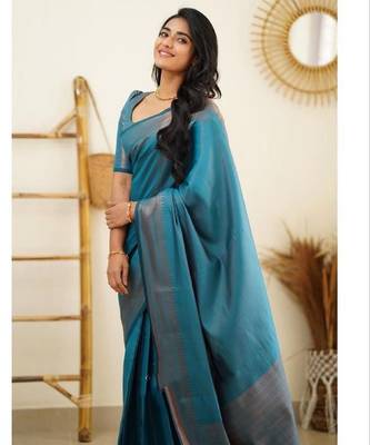 Turquoise silk blend banarasi saree with unstitched blouse piece 1