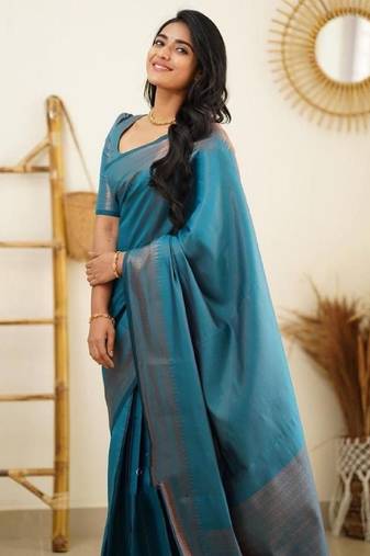 Turquoise soft silk blend banarasi jacuard work designer party wear saree with unstitched blouse piece