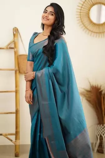 Turquoise soft silk blend banarasi jacuard work designer party wear saree with unstitched blouse piece