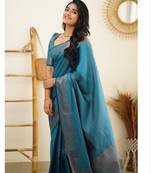 Turquoise soft silk blend banarasi jacuard work designer party wear saree with unstitched blouse piece