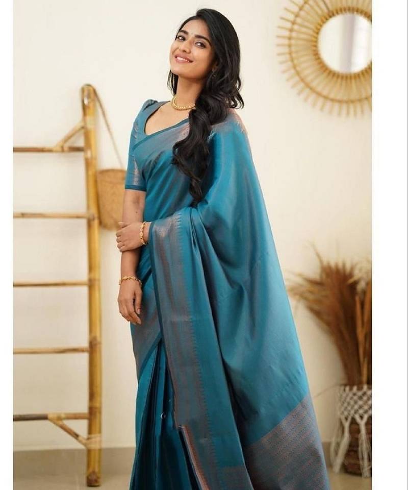 Turquoise soft silk blend banarasi jacuard work designer party wear saree with unstitched blouse piece