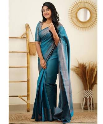 Turquoise silk blend banarasi saree with unstitched blouse piece 2