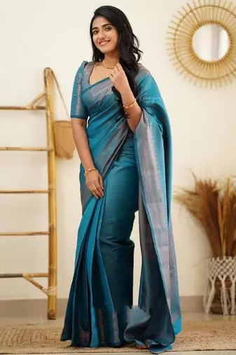 Turquoise silk blend banarasi saree with unstitched blouse piece
