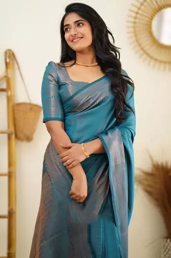 Turquoise silk blend banarasi saree with unstitched blouse piece