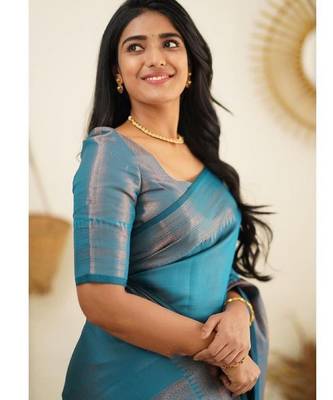 Turquoise silk blend banarasi saree with unstitched blouse piece 5
