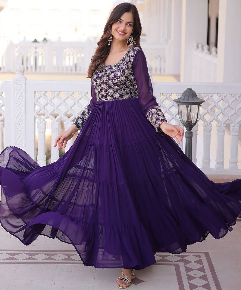 Stunning Purple Sequins Georgette Function Wear Gown